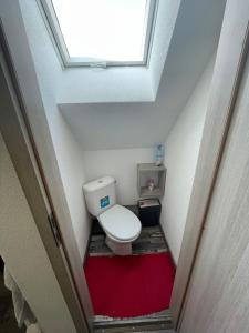 a small bathroom with a toilet with a skylight at Chata Miško in Snina