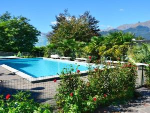 ein Schwimmbad in einem Garten mit Bergen im Hintergrund in der Unterkunft Bellavista B Garten-Appartement mit Pool in Colico