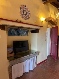 ein Wohnzimmer mit einem Kamin und einem Flachbild-TV in der Unterkunft La Conchiglia in Scarlino