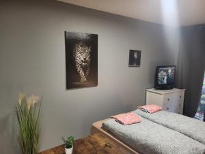 a bedroom with a picture of a leopard on the wall at Stadtnah an der Förde 116 in Flensburg +3 photos