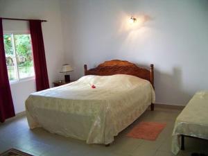 a bedroom with a bed and a window at Chalets Anse Possession in Baie Sainte Anne