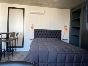 a bedroom with a bed and a table and a table and chairs at Hermoso monoambiente zona centro Rosario in Rosario