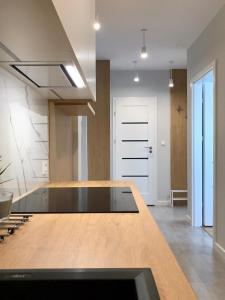 a kitchen with a wooden counter top in a room at Apartament Szpitalna in Poznań