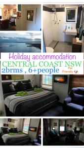 a collage of photos of a hotel room at The downstairs delight 2brm , 6+ guests & dogs ok in Lake Munmorah