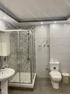 a bathroom with a shower and a toilet and a sink at Central Square Family Apartment in Nea Kallikrateia +9 photos