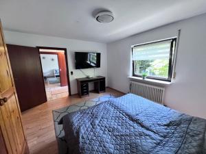 a bedroom with a bed and a television and a window at Julia in Gernsbach