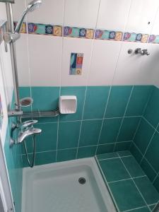 een badkamer met een groene en witte tegelmuur bij Les Camelias Ground Floor in Flic-en-Flac