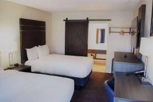 a hotel room with two beds and a desk at Travelodge by Wyndham Santa Rosa Wine Country in Santa Rosa