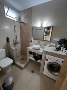 a bathroom with a toilet a sink and a washing machine at Alkistis House in Volos