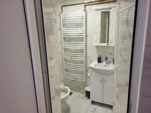 a white bathroom with a toilet and a sink at Čavić apartmani in Vršac