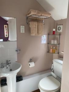 a bathroom with a white toilet and a sink at White Heather Guest House in Mablethorpe