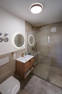 een badkamer met een douche, een wastafel en een toilet bij Ferienwohnung "Wie dahoam" in Chieming