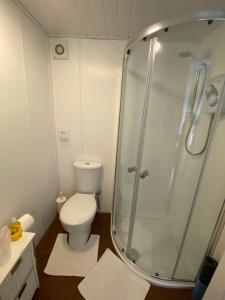 a bathroom with a toilet and a glass shower at White Heather Guest House in Mablethorpe