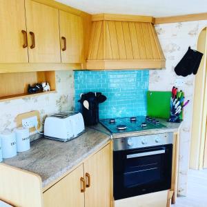 a kitchen with a stove and a toaster on the counter at Birchlea Caravan in Stonehaven