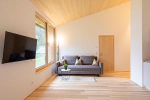 a living room with a couch and a tv at am Greben Apartments drei - vier - fünf in Bezau