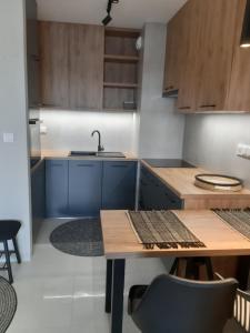 eine Küche mit blauen Schränken und einem Holztisch in der Unterkunft Apartament nad Wilgą in Garwolin