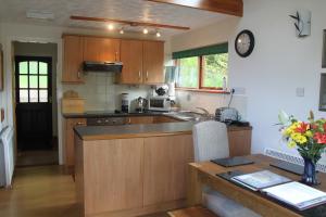 a kitchen with wooden cabinets and a counter top at Invergloy Riverside Lodges in Spean Bridge
