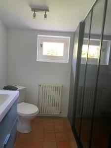 ein weißes Bad mit einem WC und einem Fenster in der Unterkunft Guest house avec vue sur 2 hectares in La Sauvetat-du-Dropt