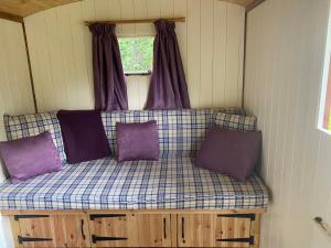 a couch in a small room with purple pillows at The Shepherd's Hut - Wild Escapes Wrenbury off grid glamping - ages 12 and over in Baddiley