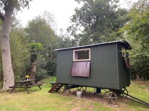 a green tiny house on a wagon with a picnic table at The Shepherd's Hut - Wild Escapes Wrenbury off grid glamping - ages 12 and over in Baddiley
