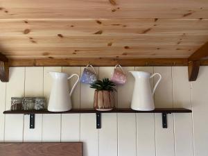 a shelf with three vases and a plant on it at The Shepherd's Hut - Wild Escapes Wrenbury off grid glamping - ages 12 and over in Baddiley