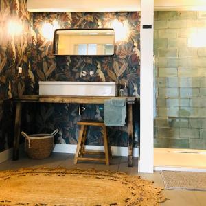 uma casa de banho com um lavatório e um espelho em Bed & Breakfast [H]eerlijk! em De Kwakel