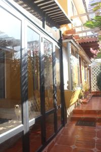 Casa con ventanas de cristal y patio en cabaña en Pichilemu, en Pichilemu