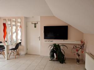 sala de estar con TV de pantalla plana en la pared en Pension Wendler, en Bedburg