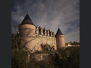 un castillo con torretas y techos con puntas negras en L’orée des fleurs en Rochechouart