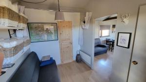 uma sala de estar com um sofá azul numa pequena casa em Hekla Nordicabin - Wild Cottage em Hella