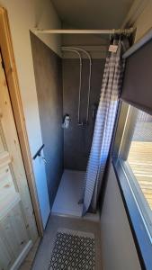 a bathroom with a shower with a shower curtain at Hekla Nordicabin - Wild Cottage in Hella