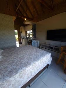 a bedroom with a bed and a flat screen tv at Chalés Rota das Cachoeiras in Urupema
