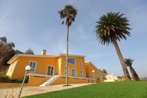 a yellow house with two palm trees in front of it at Up Quinta dos Meireles in Albergaria-a-Velha