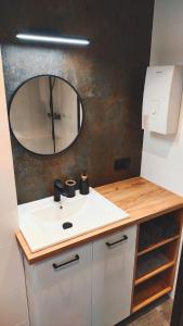 a bathroom with a sink and a mirror at Domek nad Nieliszem in Nielisz