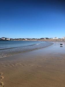 a beach with a boat in the water at Tudor Apartment (Panoramic Sea Views) in Trearddur