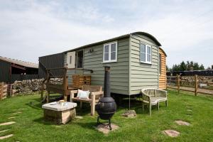 a green tiny house with a grill in a yard at Wagtail in Greenhead