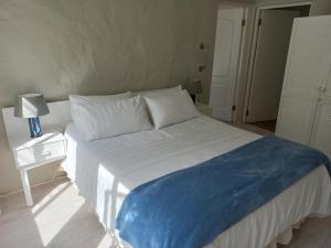 a bedroom with a large bed with a blue blanket on it at Onrus Garden Cottage, Sunny and Spacious in Hermanus