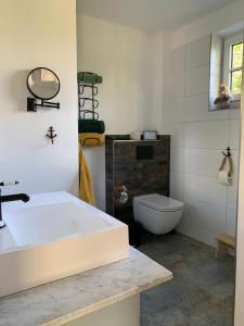 a bathroom with a sink and a toilet at Landhaus Ankerplatz im Grünen, strandnah , fernab vom mainstream , ideal für Familien in Gorow