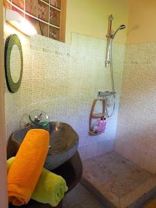哥西尔Villa Mascotte proche Bas du Fort avec piscine的带水槽和淋浴的浴室