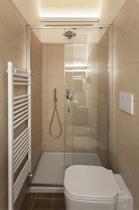 W łazience znajduje się prysznic, toaleta i przeszklona kabina prysznicowa. w obiekcie B&b Porta Arpana w mieście Foggia