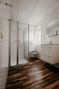 uma casa de banho com um chuveiro e um WC. em Appartementen Renesse em Renesse