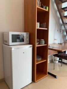 a microwave on top of a refrigerator in a kitchen at Private Suite im Gebäude des Graf Eberhard Hotels in Bad Urach