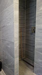 a shower in a bathroom with gray tiles at Apartment Home in NRW in Gladbeck
