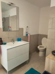 a bathroom with a white sink and a toilet at lovely apartment, gite, visit the vosges france in Fontenoy-le-Château