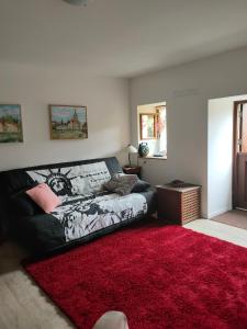 a living room with a couch and a red rug at lovely apartment, gite, visit the vosges france in Fontenoy-le-Château