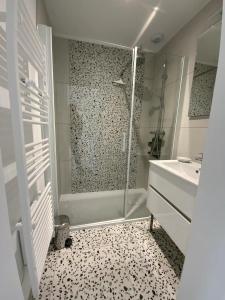 een badkamer met een douche en een wastafel bij Les Lutins - sur la plage in Wimereux
