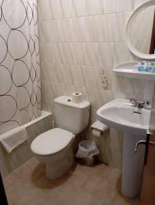 y baño con aseo y lavamanos. en Room in Lodge - Double and single room - Pension Oria 4 en Luarca