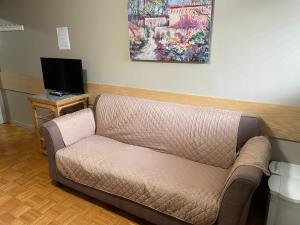 a couch sitting in a room with a tv at Rivers End Motel in Corner Brook