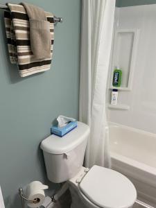 a white bathroom with a toilet and a bath tub at Rivers End Motel in Corner Brook