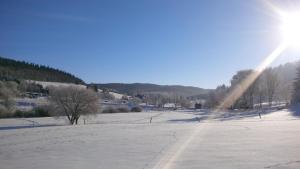 een veld bedekt met sneeuw en de zon schijnt bij Landhaus Sorgenfrey in Am Donnerberg